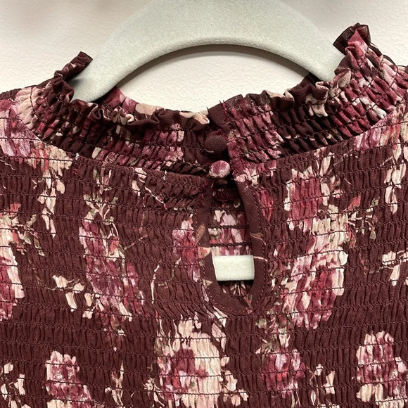 Skylar & Jade Burgundy Sheer Floral Long Sleeve Blouse Lace Ruffle Detail S - Picture 5 of 12